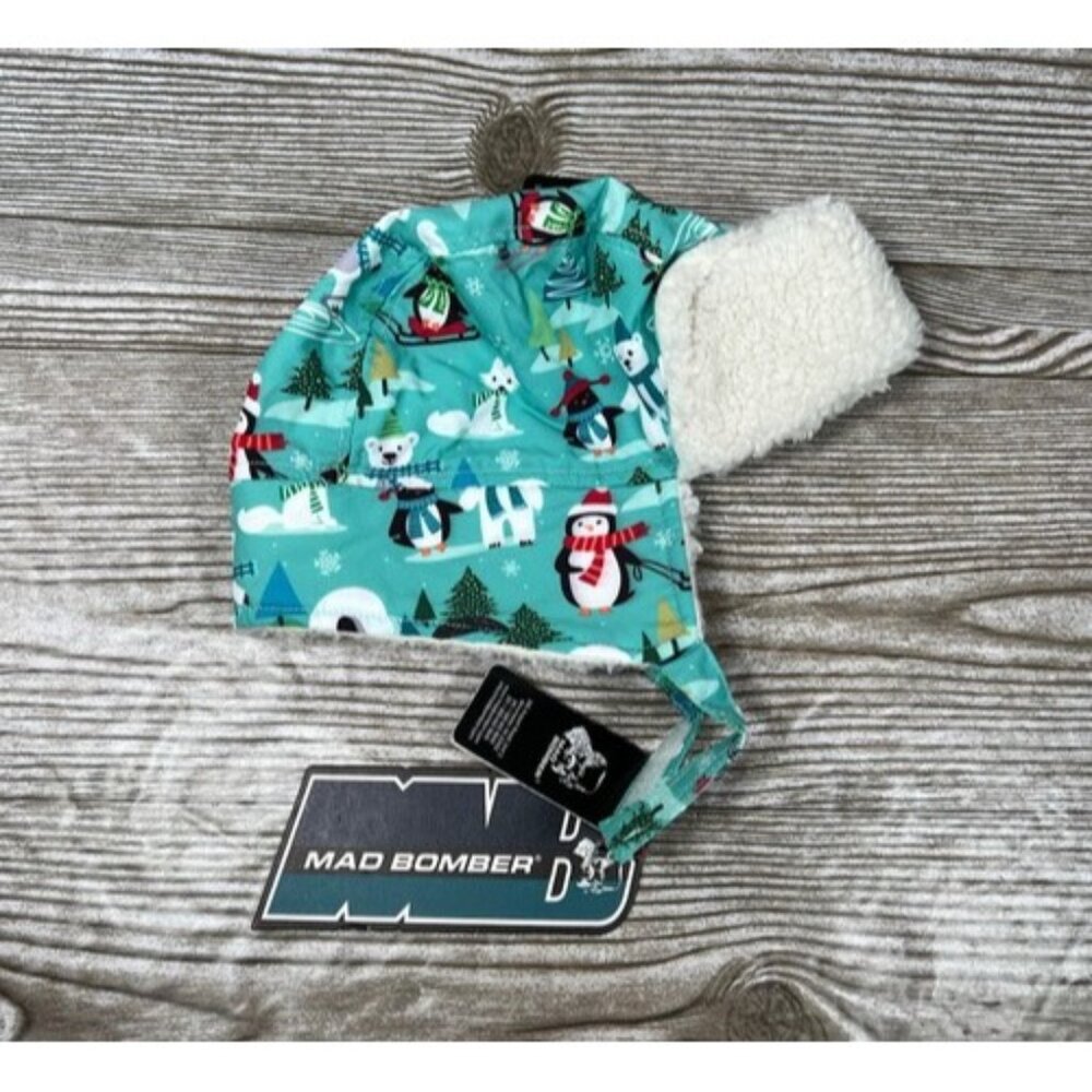 Mad Bomber Baby Fleece Lined Blue Polar Bear Aviator Print Warm Hat 12-18 M